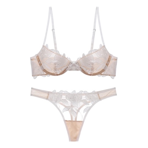 Sexy Französisch Ultradünne Spitze Stickerei BH Und Thong Dessous Transparente Mesh Blumen Bestickte Unterwäsche Für Damen