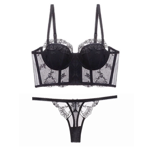 Lingerie Bustier in Pizzo con Ricamo Francese per Donna Sexy Trasparente in Rete Reggiseno Push-Up E Mutandine Corsetto Con Ferretto