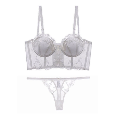 Lingerie Bustier in Pizzo con Ricamo Francese per Donna Sexy Trasparente in Rete Reggiseno Push-Up E Mutandine Corsetto Con Ferretto