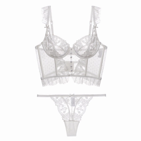 Französisches Sexy Spitze Lingerie-Set Für Damen Ultradünne Punktmuster Netz Bügel-Bustier BH Und Tanga Stickerei Unterwäsche