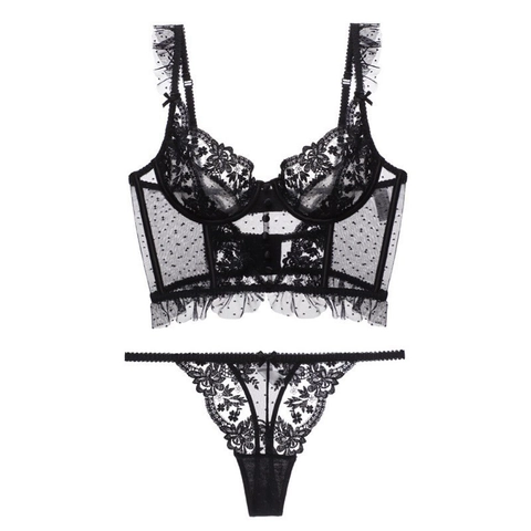 Französisches Sexy Spitze Lingerie-Set Für Damen Ultradünne Punktmuster Netz Bügel-Bustier BH Und Tanga Stickerei Unterwäsche