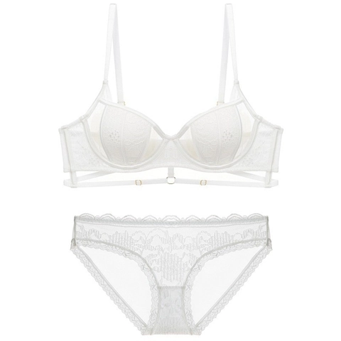 French Style Sexy Lace Bra Top And Bottom Mesh Thin Breathable Underwire Bralette Briefs Lingerie For Women Floral Nightwear