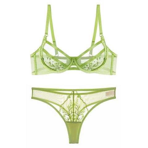 Sexy Bordado Encaje Lencería Francés Ultra Delgada Malla Sujetador Y Bragas Con Aro Transpirable Mujeres Conjunto Lencería