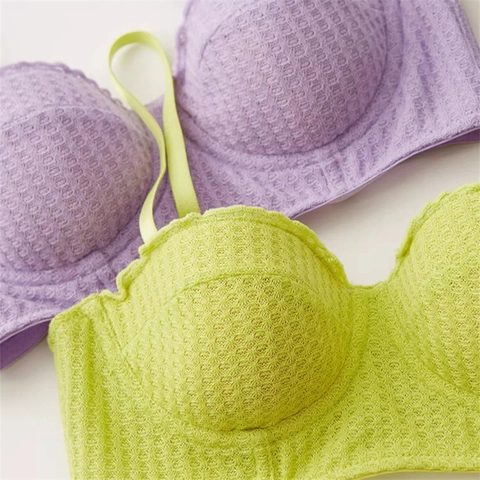French Sexy Lingerie Bra And Panty Set Waffle Texture Underwire Gathered Half Cup Lingerie For Women Breathable Intimates