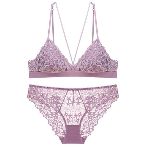 Francese Sexy Deep V Coppa Triangolo Pizzo Reggiseno E Mutandine Sottile Senza Ferretto Bralette Ricamo Floreale Donna Viola