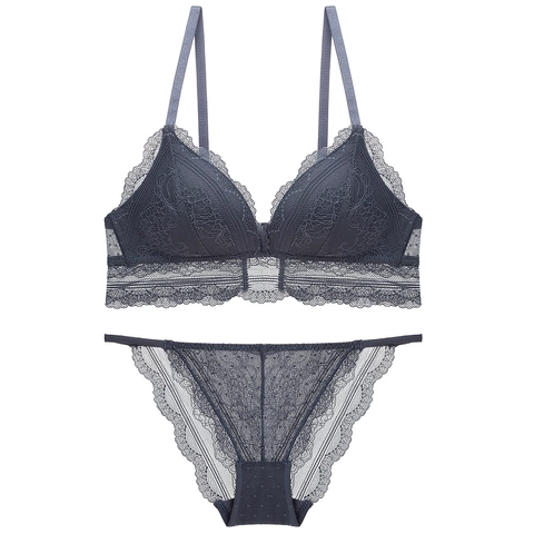 Conjunto de Lencería de Encaje Estilo Francés para Mujer Sexy Deep V Copa Triangular Delgada Sin Aros Transpirable Conjunto de Sujetador Y Bragas Lencería Elegante Suave