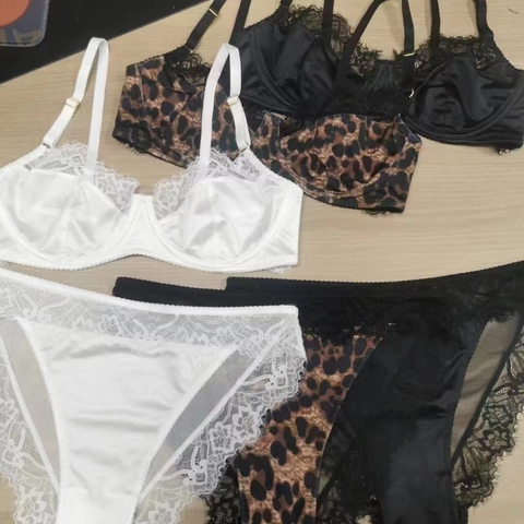 Sexy Französisch Hauchdünne Spitze Lingerie Leopardenmuster Bügel BH Und Slip Damen Unterwäsche Für Alltag Date