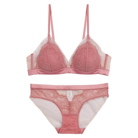 French Sexy Lace Lingerie Set Women Wireless Triangle Cup Thin Mesh Breathable Bra And Panties Top And Bottom