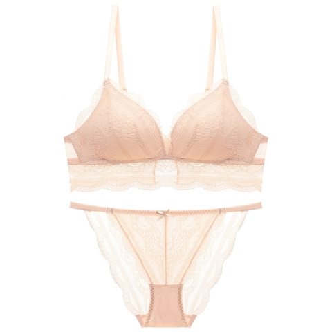 Conjunto de Lencería de Encaje Estilo Francés para Mujer Sexy Deep V Copa Triangular Delgada Sin Aros Transpirable Conjunto de Sujetador Y Bragas Lencería Elegante Suave