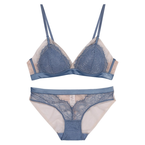French Sexy Lace Lingerie Set Women Wireless Triangle Cup Thin Mesh Breathable Bra And Panties Top And Bottom