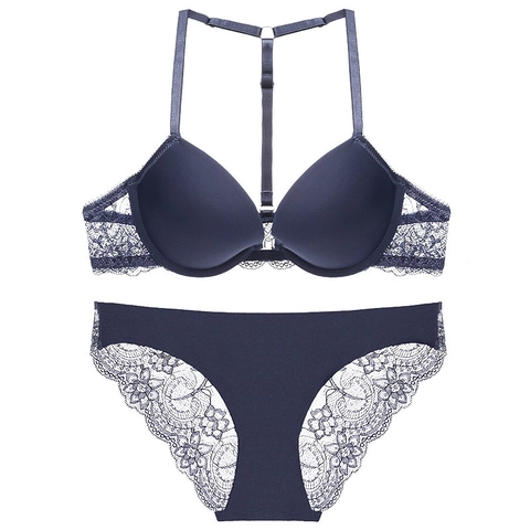 Conjunto de Lencería de Encaje Sexy para Mujer Cierre Frontal Espalda en Y Sujetador Push Up Y Bragas Encaje Bordado Floral