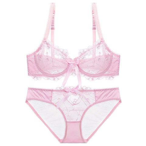 Sexy Reggiseno e Mutandine in Pizzo Floreale Trasparente Ultra Sottile per Donna Intimo Ricamato Lingerie con Fiocco