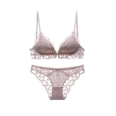 Conjunto de Lencería de Encaje Sexy para Mujer Cierre Delantero Sujetador de Copa Triangular Sin Aros Y Braga