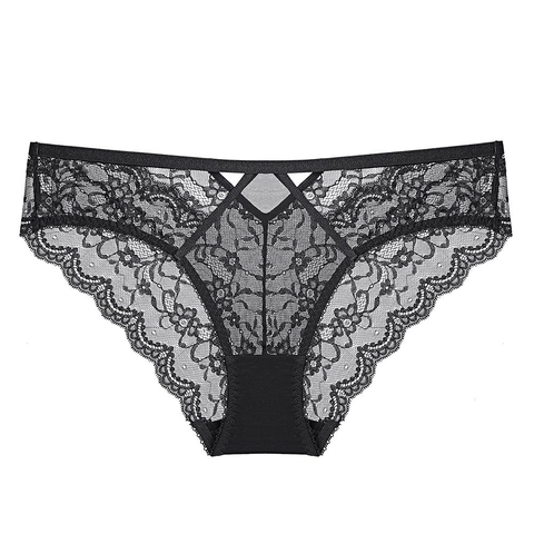 Culottes en Dentelle Sexy pour Femmes Style Français Taille Basse Ajouré Sangles Croisées Respirant Floral Lingerie