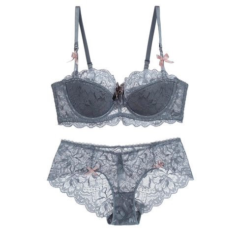 Intimo Sexy In Pizzo Reggiseno E Slip Per Donna Coppa 1/2 Sottile Minimizer Push Up Con Fiocco Ricamo Floreale Elegante