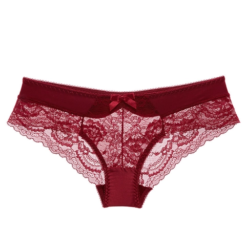 Culottes Sexy en Dentelle pour Femmes Style Français Ultra-Fines Transparentes Taille Basse Lingerie Florale Nœud en Satin et Entrejambe en Coton