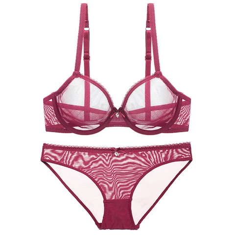 Completo Intimo Donna Sexy Ultrasottile in Rete Traspirante Reggiseno Con Ferretto e Slip Con Pendaglio a Cuore