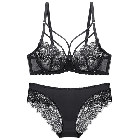 Conjunto de Lencería de Encaje Sexy para Mujer Sujetador y Bragas Transparentes Ultrafinos de Dos Piezas Con Aros y Detalle de Tiras