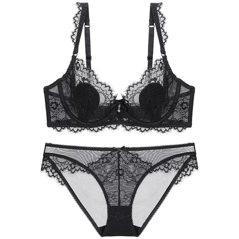 Conjunto de Lencería de Encaje Sexy Transparente Ultrafino Minimizador Sujetador y Bragas Bordado Floral Ropa Interior Mujer