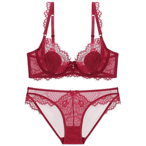 Conjunto de Lencería de Encaje Sexy Transparente Ultrafino Minimizador Sujetador y Bragas Bordado Floral Ropa Interior Mujer