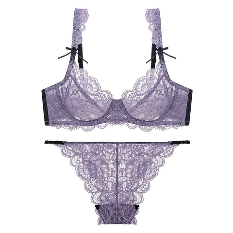 Sexy Lace Lingerie Set Women Ultra Thin Transparent Floral Embroidery Bra And Panties Underwired Bow Decor Bralette Set