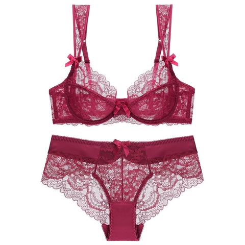 Lingerie en Dentelle Sexy pour Femmes Style Français Soutien-Gorge Et Culotte Ultra Fins Respirants Armatures Broderie Florale