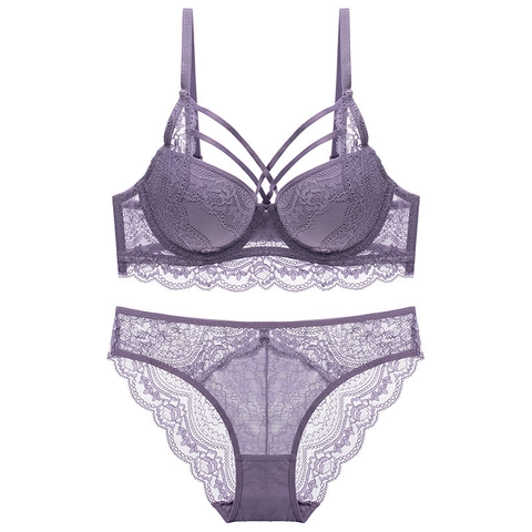 Set di Lingerie Sexy in Pizzo da Donna Top And Bottom con Cinturini Floreali Push Up Velato Reggiseno con Ferretto da Donna