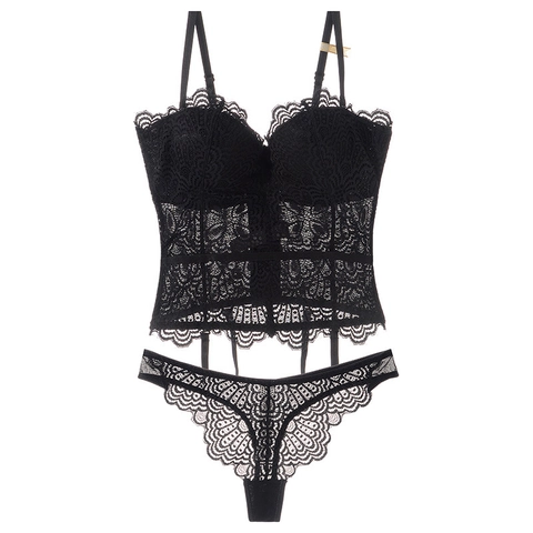 Ensemble de Lingerie Sexy en Dentelle pour Femmes Col en V Profond Soutien-Gorge Push Up Et Thong Avec Porte-Jarretelles