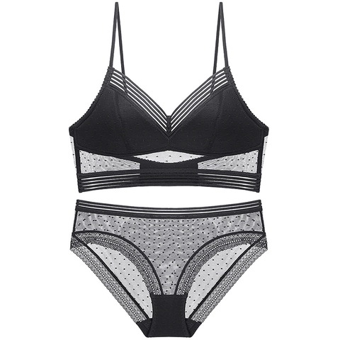 French Sexy Lace Mesh Polka Dot Bra And Panty Thin Wireless U Backless Lingerie For Women Breathable Comfortable Underwear