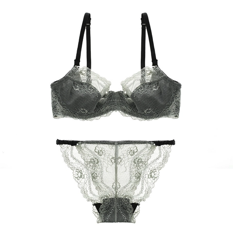 Conjunto de Lencería Sexy Estilo Francés Encaje Transparente Ultra Delgado Parte Superior E Inferior Mujeres Bordado Floral