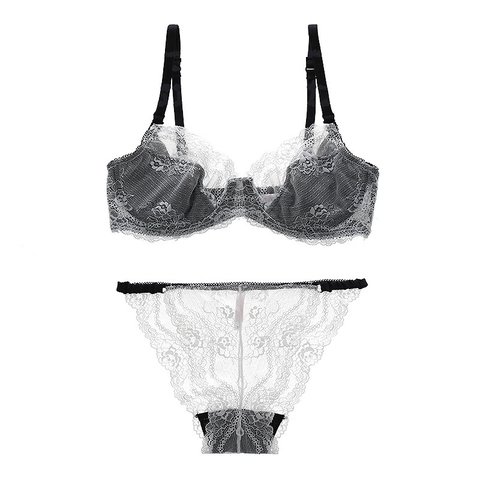 Conjunto de Lencería Sexy Estilo Francés Encaje Transparente Ultra Delgado Parte Superior E Inferior Mujeres Bordado Floral