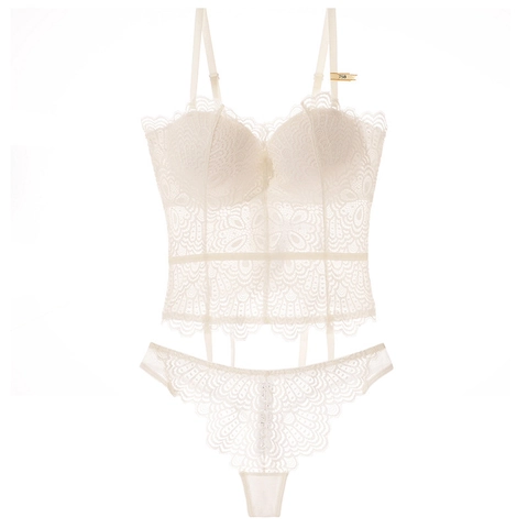 Dames Sexy Diepe V Kant Lingerie Lichaamsvorming Push Up BH En Panty Met Jarretelgordels Top En Onderkant Lingerie