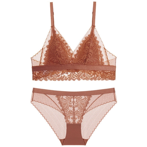 Sujetador Y Bragas De Encaje Francés Para Mujer Sin Aros Copa Triangular Ultrafina Lencería Sexy Transpirable Ropa Interior Push Up