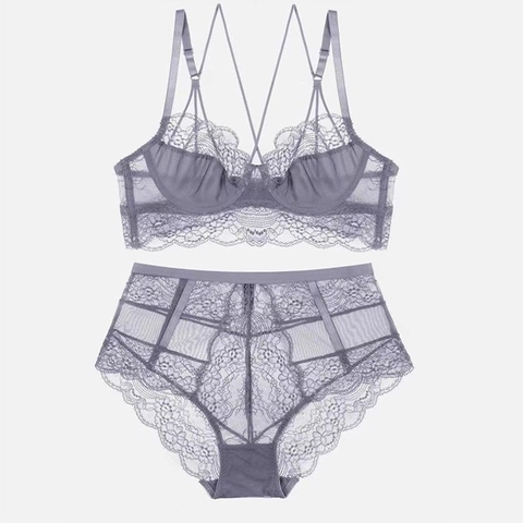 Conjunto de Lencería de Encaje Ultrafino Estilo Francés Sexy Transparente Floral Malla Sujetador y Braga de Cintura Alta