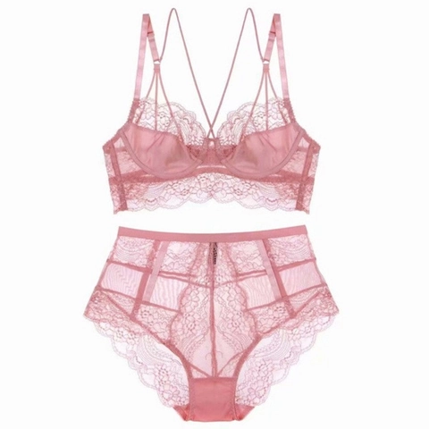 Conjunto de Lencería de Encaje Ultrafino Estilo Francés Sexy Transparente Floral Malla Sujetador y Braga de Cintura Alta