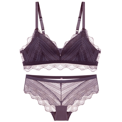 Set Reggiseno E Mutandine In Pizzo Francese Donna Sexy Senza Ferretto Coppa A Triangolo Bralette Cotone Sottile Intimo