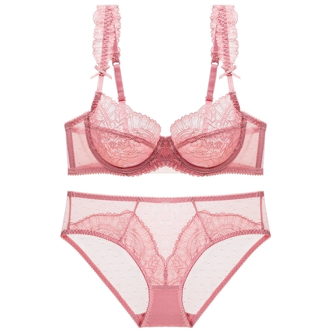 Sexy Completo Intimo In Pizzo Ultrasottile Per Donna Completo Reggiseno E Mutandine In Rete A Pois Con Ferretto Ricamo Francese