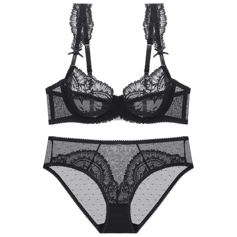 Sexy Completo Intimo In Pizzo Ultrasottile Per Donna Completo Reggiseno E Mutandine In Rete A Pois Con Ferretto Ricamo Francese
