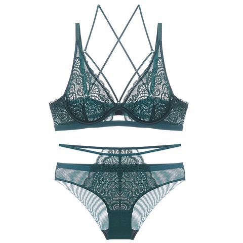 Women Sexy Floral Lace Lingerie Set Ultra Thin Push Up Bra And Cross Back Panties Strappy Lingerie Set For Women