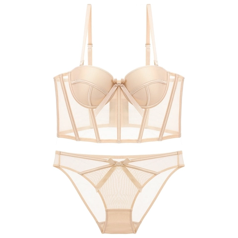 Conjunto de Lencería Sexy para Mujer Sujetador Bustier de Malla y Bragas Top de Corsé con Ballenas y Lazo Push Up