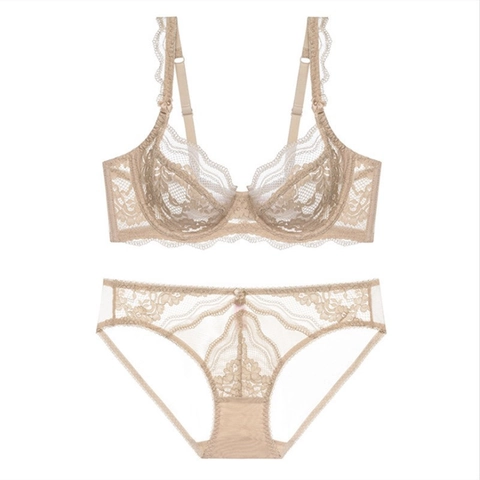 Mujer Sexy Encaje Bordado Floral Sujetador Y Braga Lencería Con Aro Ultra Delgado Borde Festoneado Transpirable