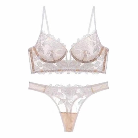 Femme Sexy Broderie Dentelle Soutien-Gorge Et String Ultra-Mince Minimiseur Push Up Floral Soutien-Gorge Et Culotte Lingerie Pour Femme