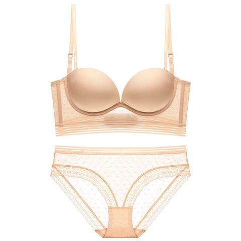 Conjunto de Sujetador y Bragas Sin Costuras con Espalda Descubierta para Mujer Sexy Espalda en U Push Up Aro Suave Lingerie de Encaje