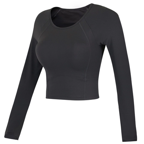 Dames Yoga Cropped Lange Mouw Top Slim Fit Sportshirt Met Borstpads Duimgaten Ademend Fitness Gym Sport Top