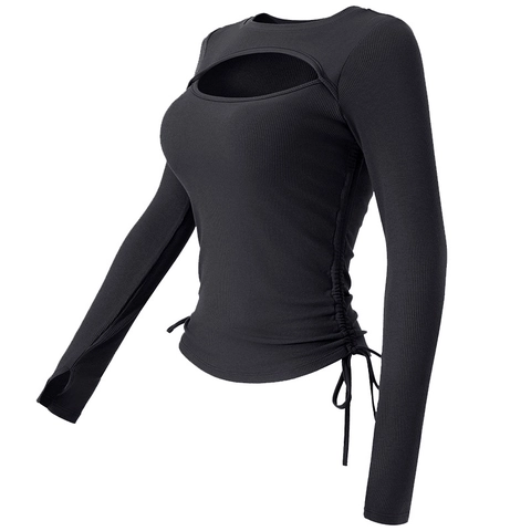Dames Yoga Shirt Lange Mouw Geribbelde Cutout Sport Top Met Borstkussentjes Slank Makend Cordon Pilates Hardlopen