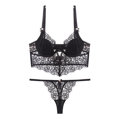 Franse Sexy Kant Lingerie Set Voor Vrouwen Beugel Bustier Beha En Mesh Thong Slips Elegant Floral Lingerie Top En Bottom