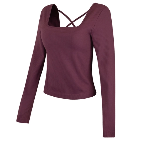 Damen Yoga Top Langarm Eckiger Ausschnitt Slim Fit Gerippter Strick Trainingsshirt Mit Brustpolstern Überkreuzter Rücken