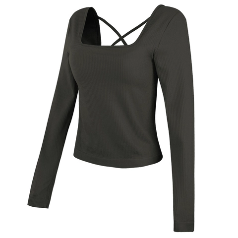Damen Yoga Top Langarm Eckiger Ausschnitt Slim Fit Gerippter Strick Trainingsshirt Mit Brustpolstern Überkreuzter Rücken