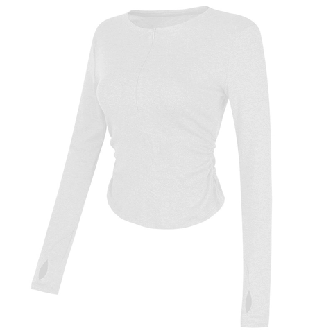 Dames Yoga Top Met Lange Mouwen Slim Fit Ruches Sportshirt Met Duimgaten Halve Rits Ademende Sportkleding Hardlopen