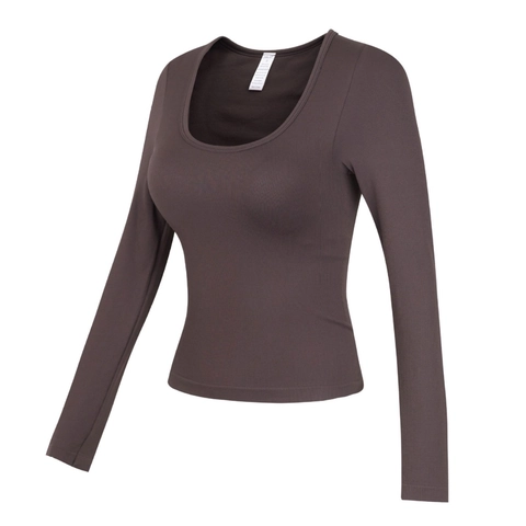 Dames Ribgebreide Slim Fit Yoga Top Lange Mouw U-Hals Sport-T-Shirt Met Borstkussentjes Hoge Elasticiteit Workout